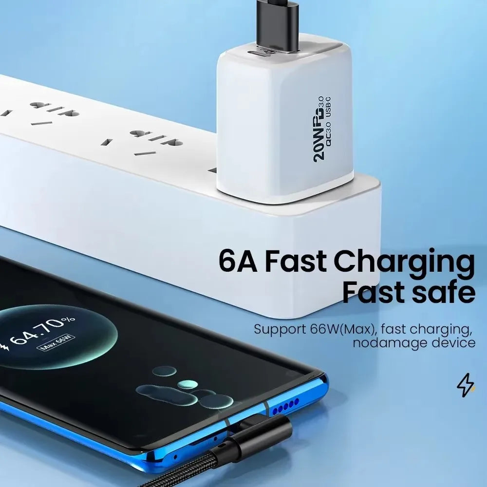 6A 66W USB Type-C Cable with 90-Degree Elbow for High-Speed Charging and Data Synchronization, Compatible with Xiaomi 13, 12, 11, Redmi, OnePlus, and Honor Devices