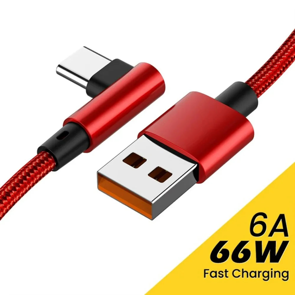6A 66W USB Type-C Cable with 90-Degree Elbow for High-Speed Charging and Data Synchronization, Compatible with Xiaomi 13, 12, 11, Redmi, OnePlus, and Honor Devices