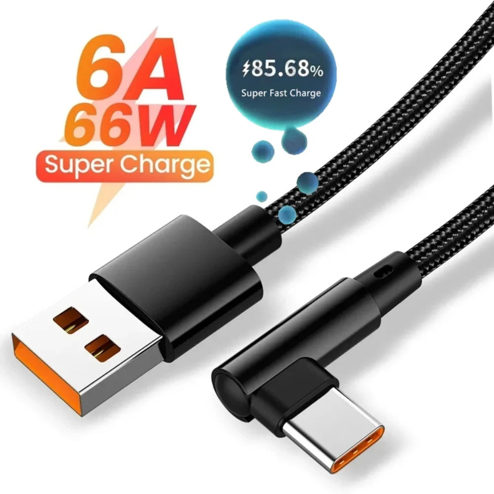 6A 66W USB Type-C Cable with 90-Degree Elbow for High-Speed Charging and Data Synchronization, Compatible with Xiaomi 13, 12, 11, Redmi, OnePlus, and Honor Devices