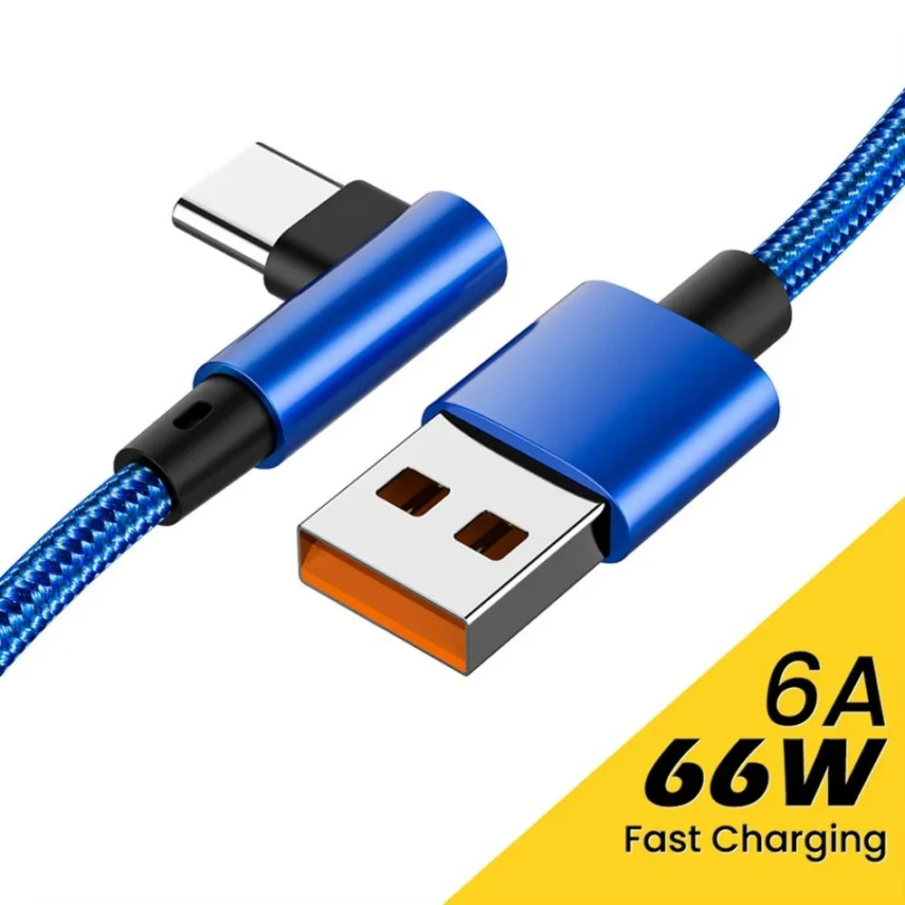 6A 66W USB Type-C Cable with 90-Degree Elbow for High-Speed Charging and Data Synchronization, Compatible with Xiaomi 13, 12, 11, Redmi, OnePlus, and Honor Devices