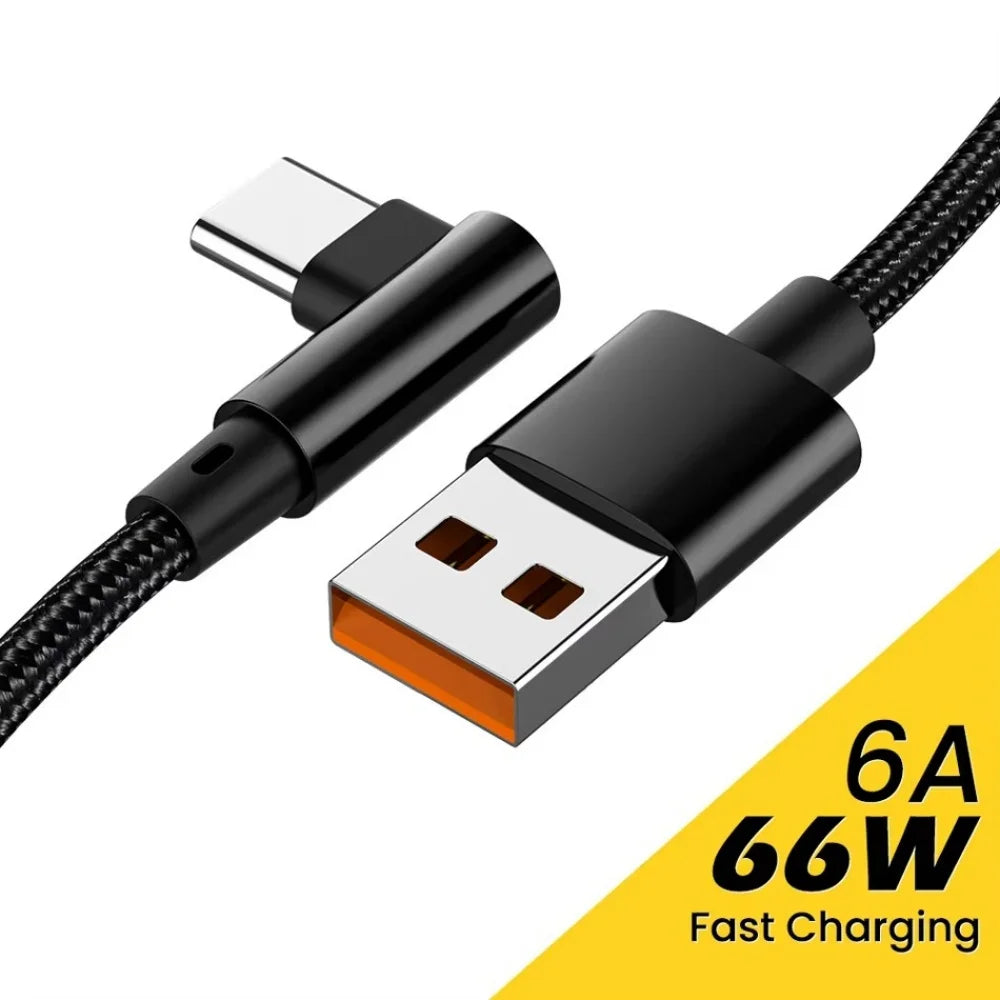 6A 66W USB Type-C Cable with 90-Degree Elbow for High-Speed Charging and Data Synchronization, Compatible with Xiaomi 13, 12, 11, Redmi, OnePlus, and Honor Devices